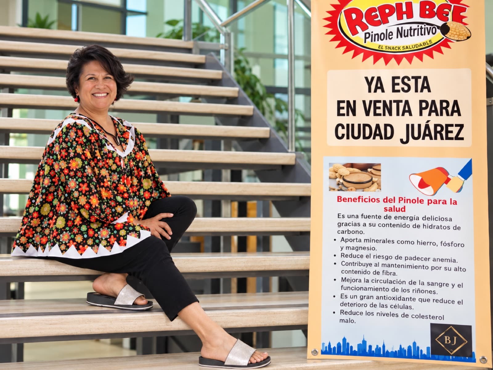 Mary Torres — junto al display de uno de los productos que distribuye